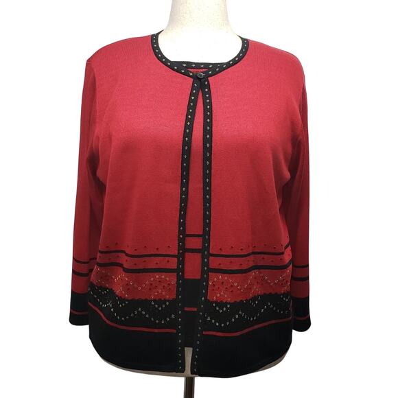 Vintage Alfred Dunner Red Metallic Two-in-One Sweater Top L USA Geometric Print - Picture 1 of 12